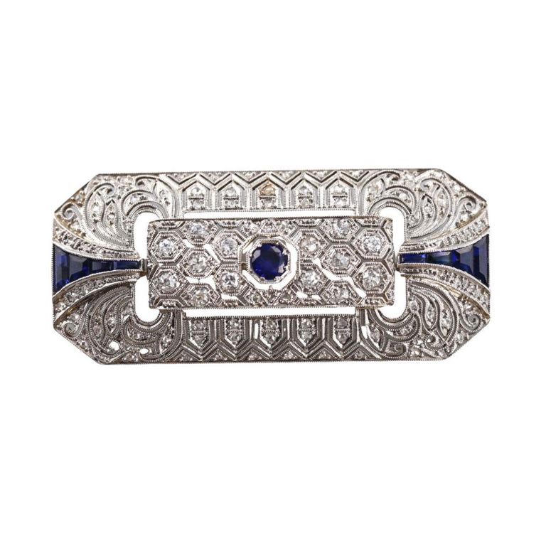 18k Gold Diamond and Sapphire Brooch
