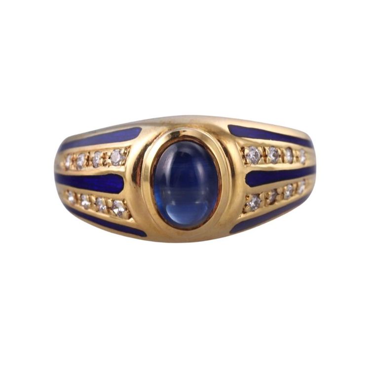 18k Gold Sapphire and Diamond Enamel Ring