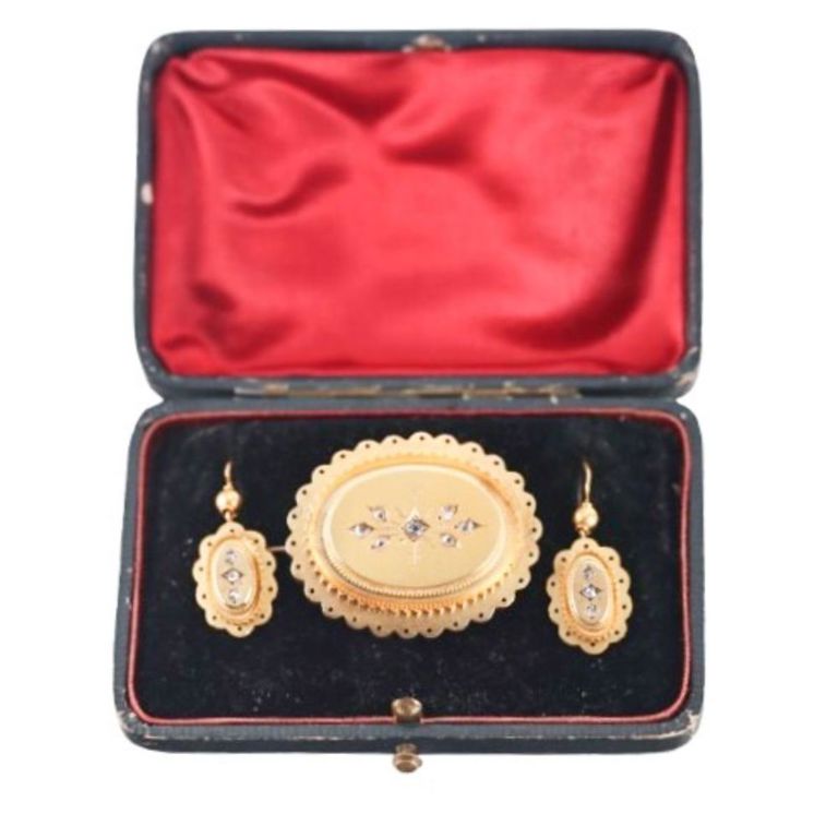 Set of 14k Gold Diamond Earrings and Brooch