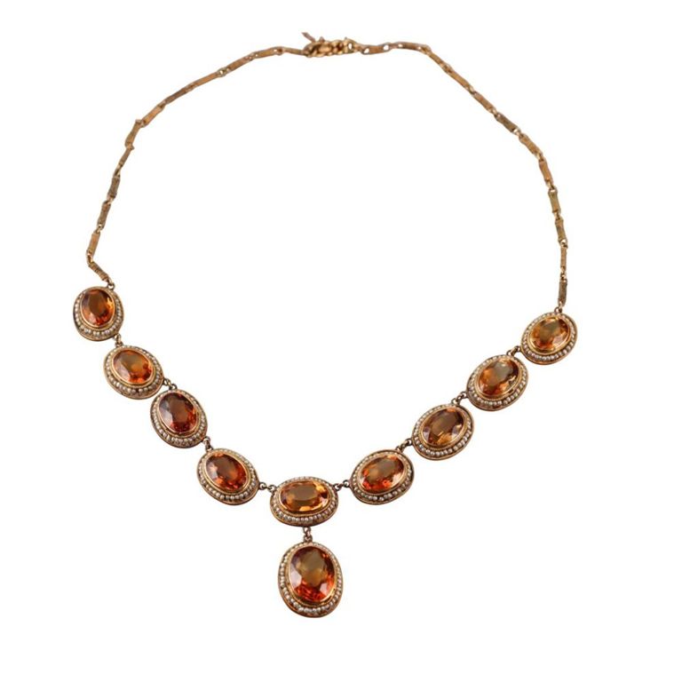 18k Gold Seed Pearl and Citrine Necklace