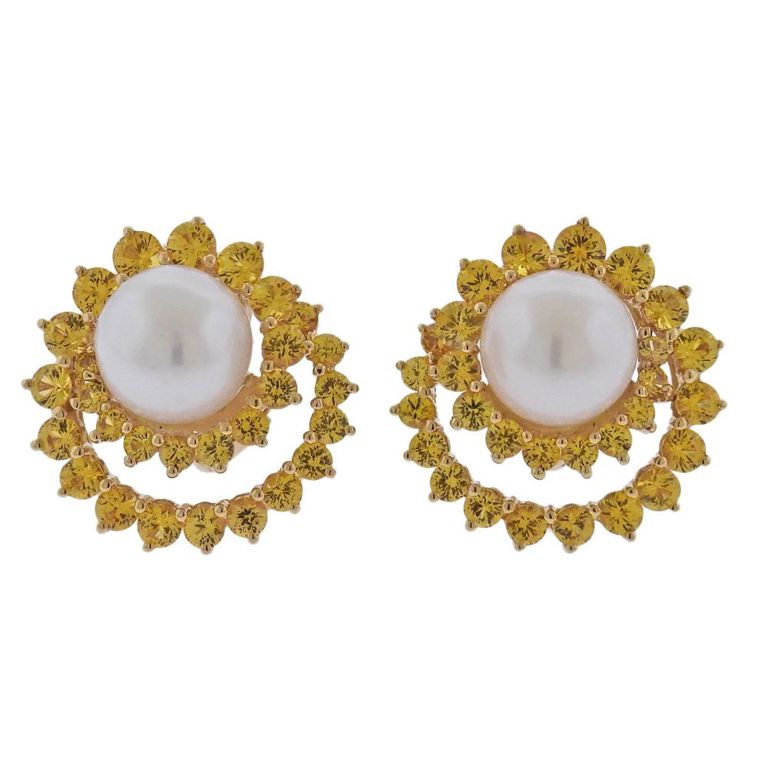 18k Gold Pearl and Sapphire Earrings