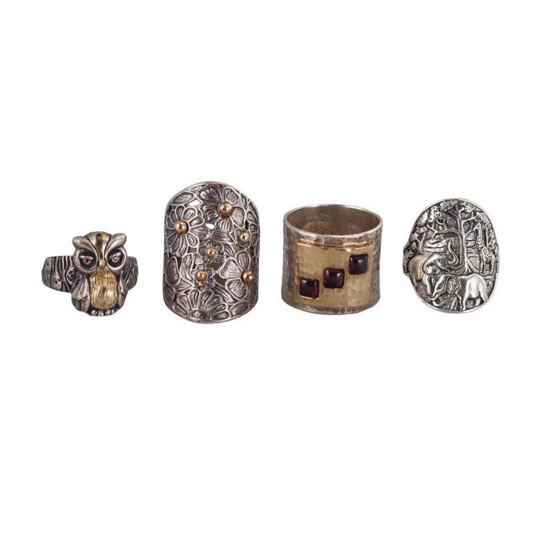 Set of 4 Sterling Silver Gold Tourmaline Rings