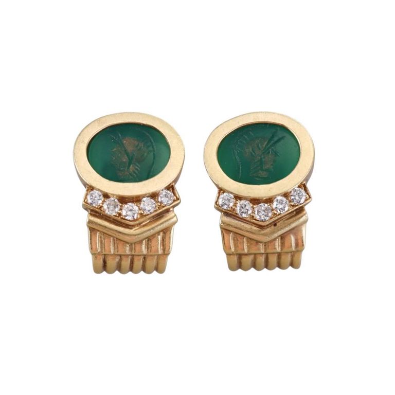 Pair of 18k Gold Chrysoprase Intaglio Earrings