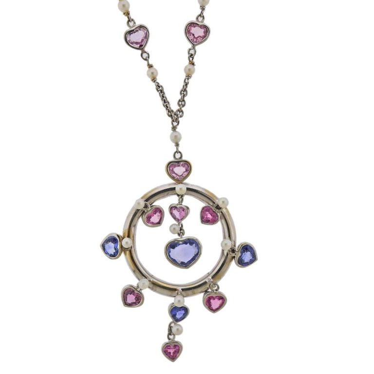 18k Gold Sapphire and Pearl Pendant Necklace