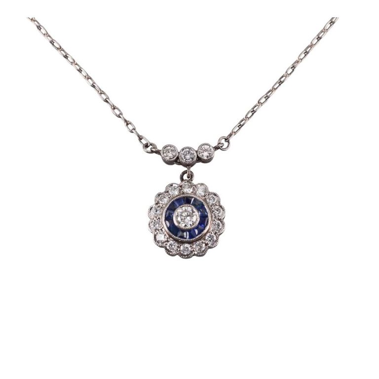 Platinum Diamond and Sapphire Pendant Necklace