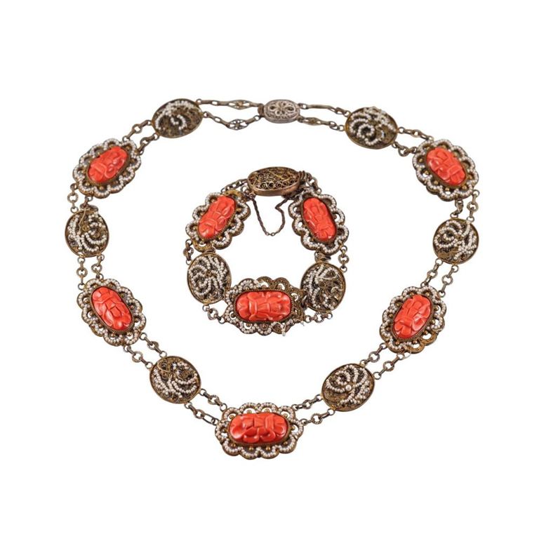 Silver Coral and Seed Pearl Jewelry Set