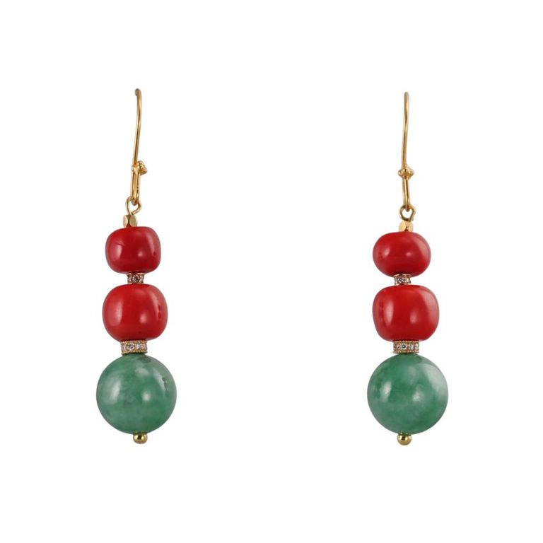 18k Gold Jade Coral and Diamond Earrings