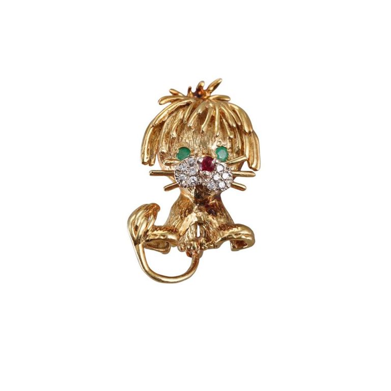 18k Gold Diamond Ruby Emerald Lion Brooch