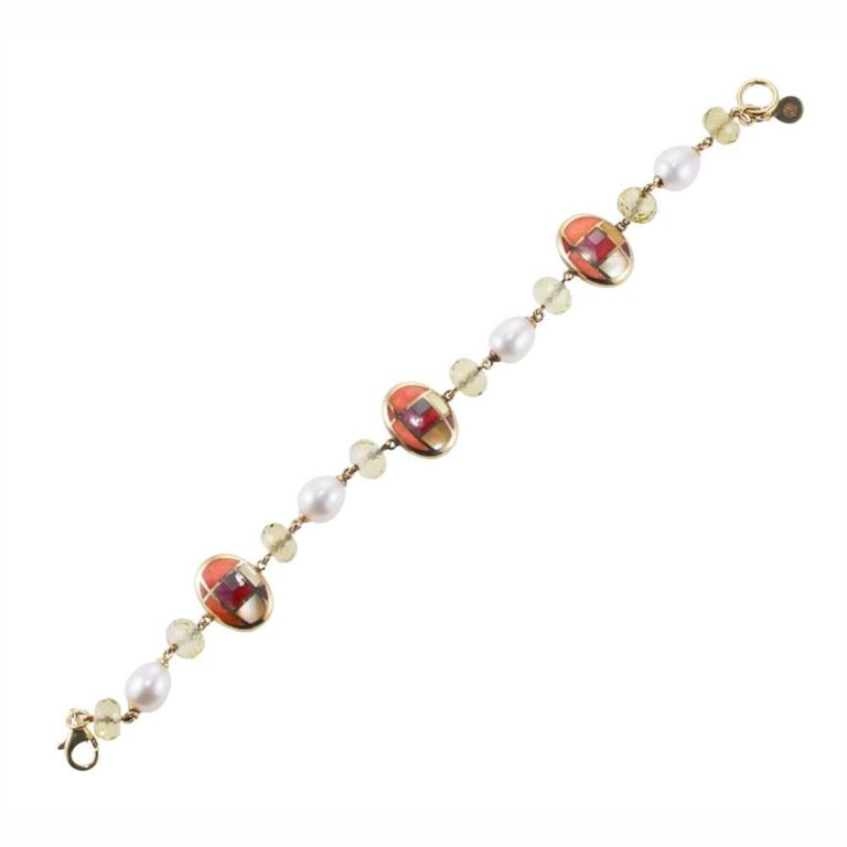 14k Gold Peridot Pearl and Gemstone Bracelet