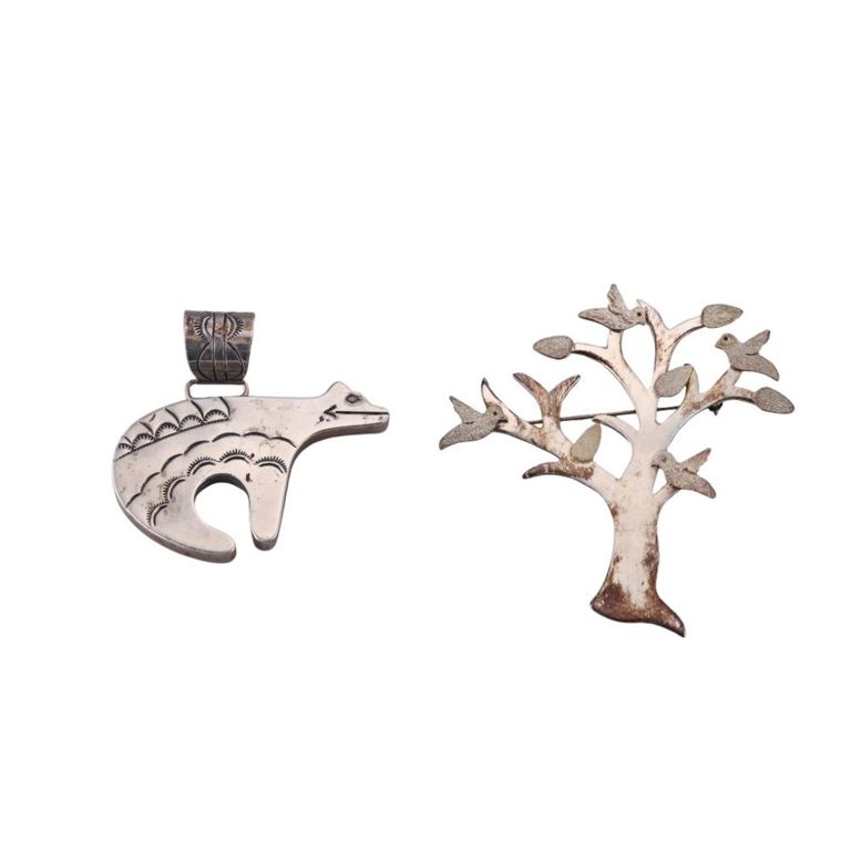 Sterling Silver Bear Pendant and Tree Brooch Set