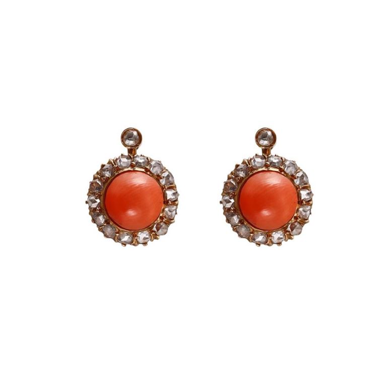 18k Gold Coral and Diamond Earrings