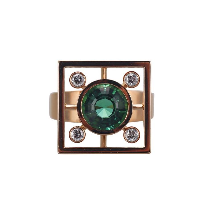 18k Gold Green Tourmaline and Diamond Ring