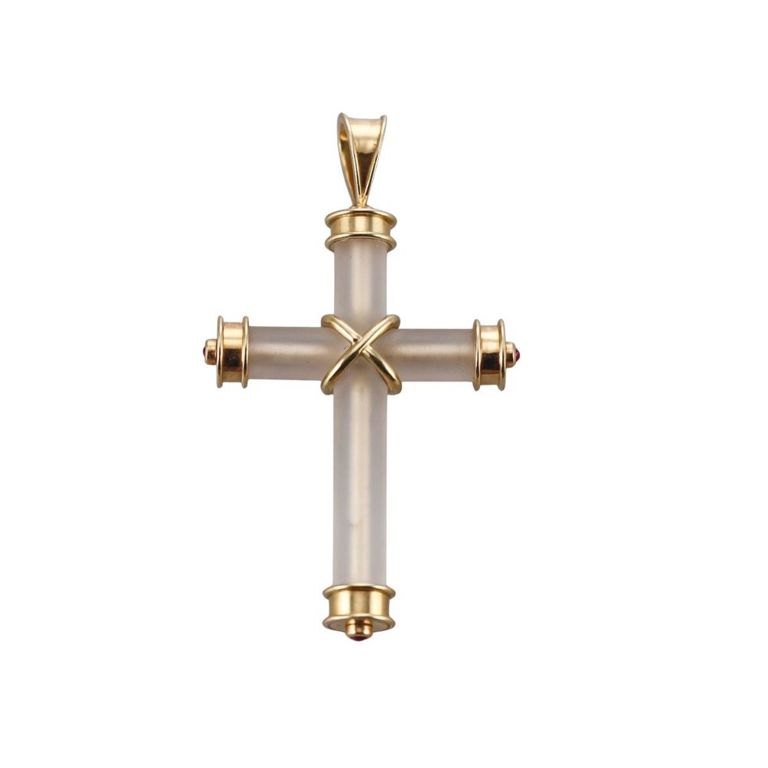 18k Gold Ruby and Crystal Cross Pendant