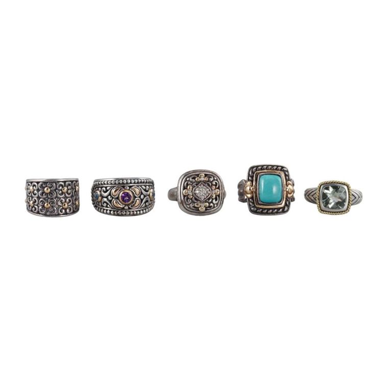 Set of 5 Silver Gold Gemstone Rings