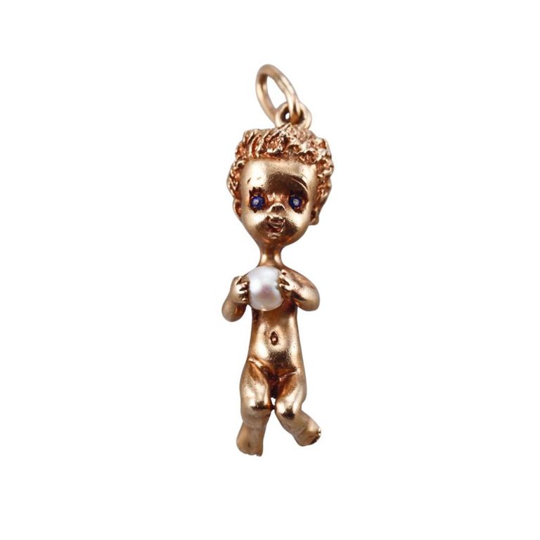 14k Gold Pearl and Sapphire Cherub Pendant