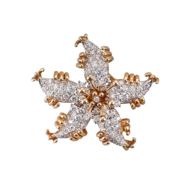 18k Gold Platinum Diamond Starfish Brooch