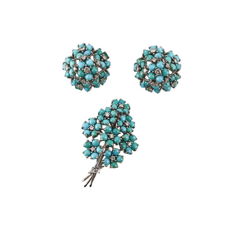 14k Gold Turquoise and Diamond Jewelry Set