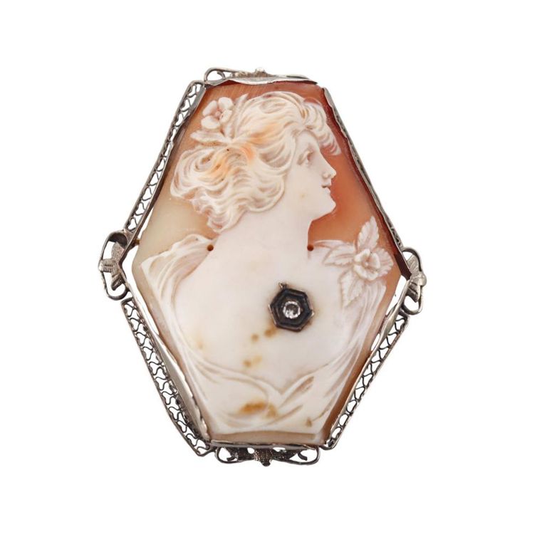 14k Gold Diamond Cameo Brooch/Pendant