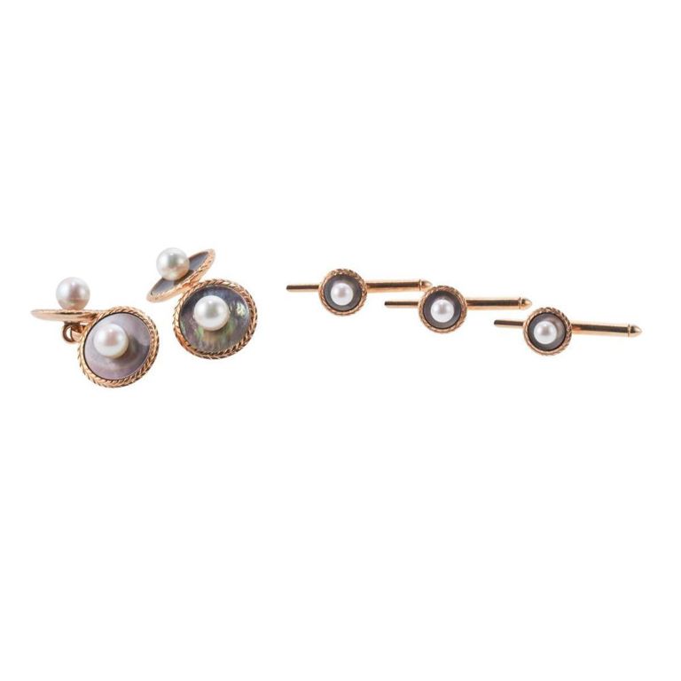 14k Gold Pearl Cufflinks and Stud Set