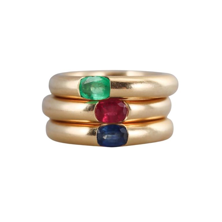 Set of 3 18k Gold Ruby Emerald Sapphire Rings