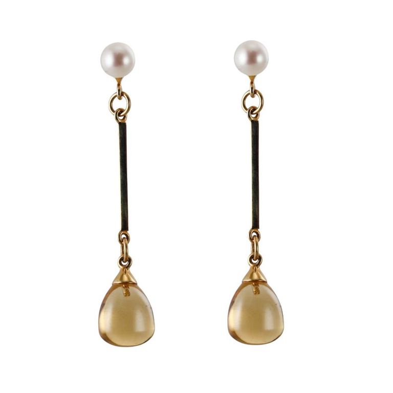 18k Gold Pearl and Citrine Drop Earrings
