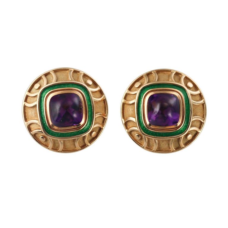 18k Gold Amethyst Enamel Earrings