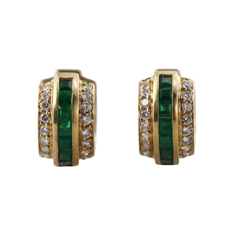 18k Gold Emerald and Diamond Earrings