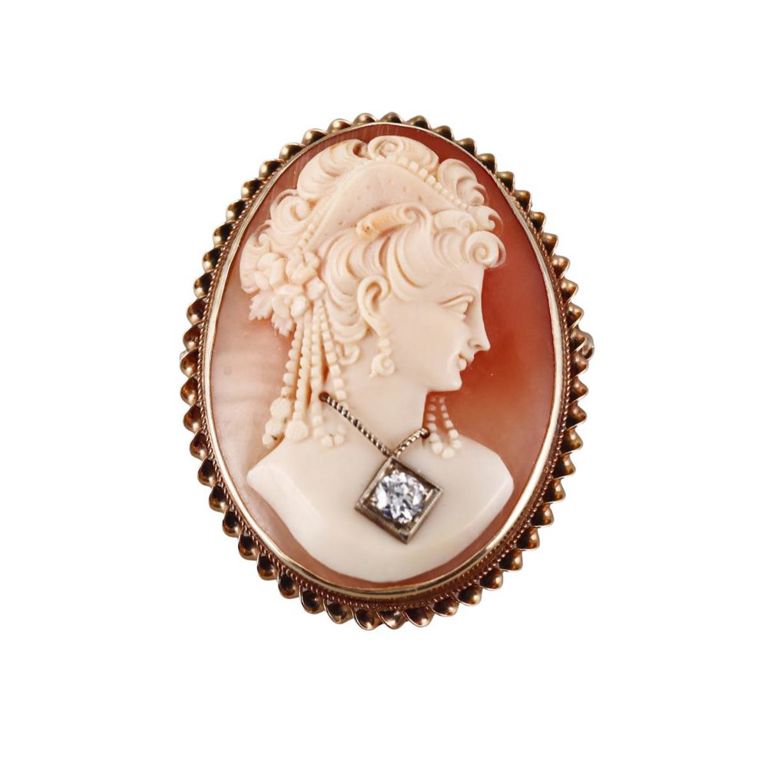 14k Gold Diamond Cameo Brooch/Pendant