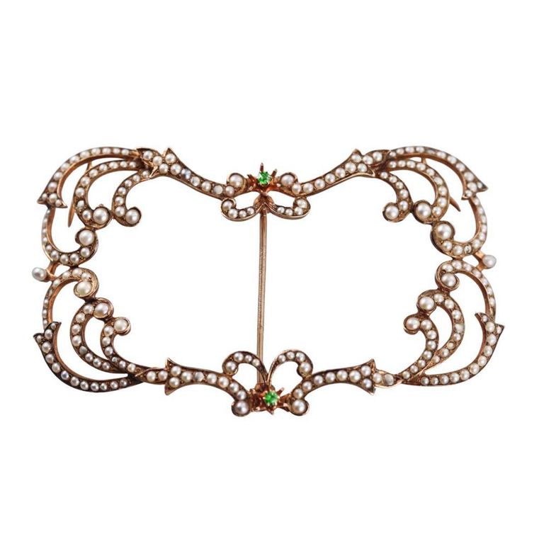 14k Gold Seed Pearl and Tsavorite Garnet Brooch