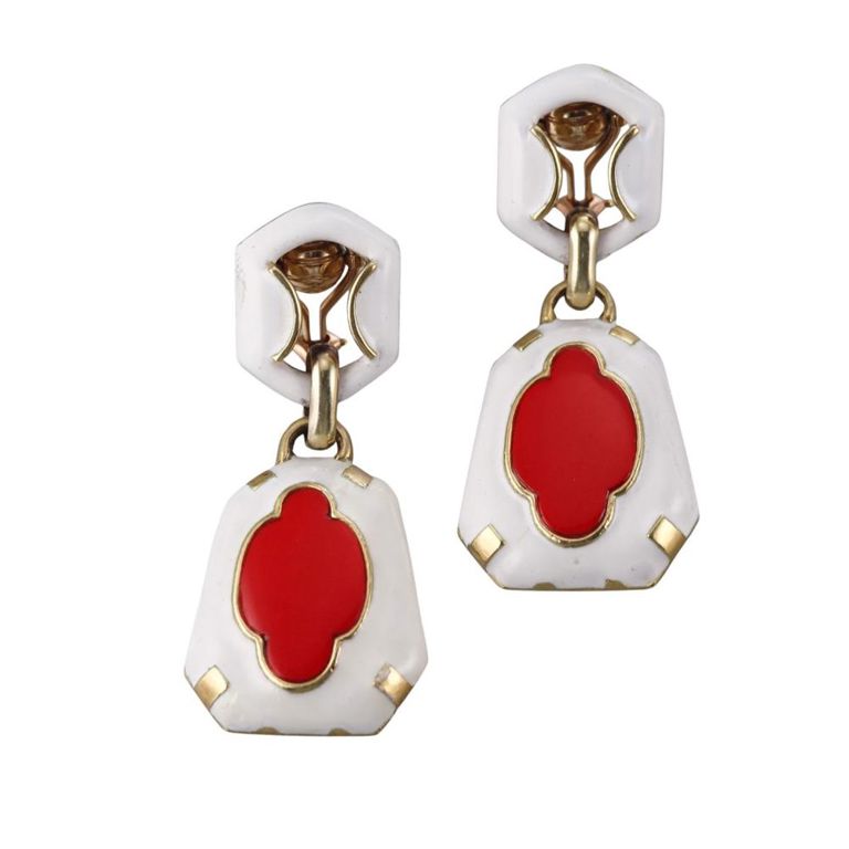 18k Gold White Enamel and Coral Earrings
