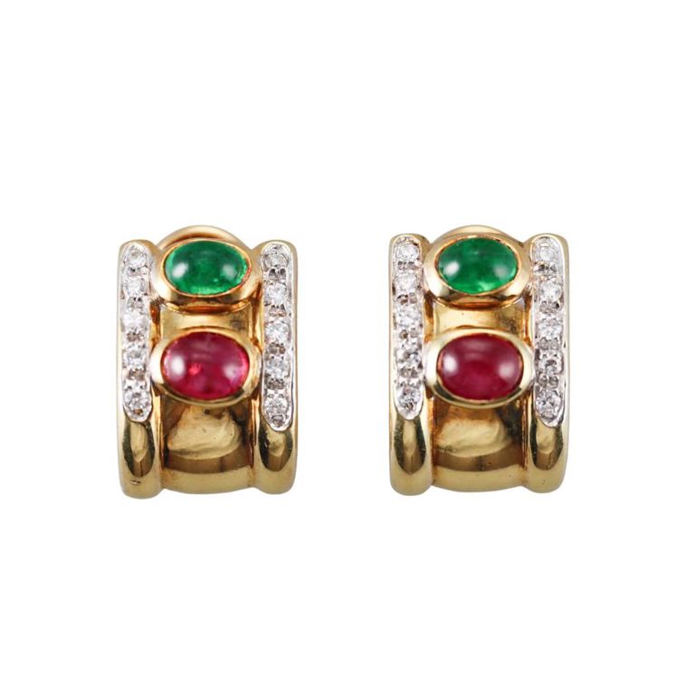 18k Gold Ruby Emerald and Diamond Earrings