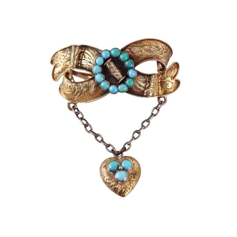 14k Gold Turquoise Bow Heart Brooch