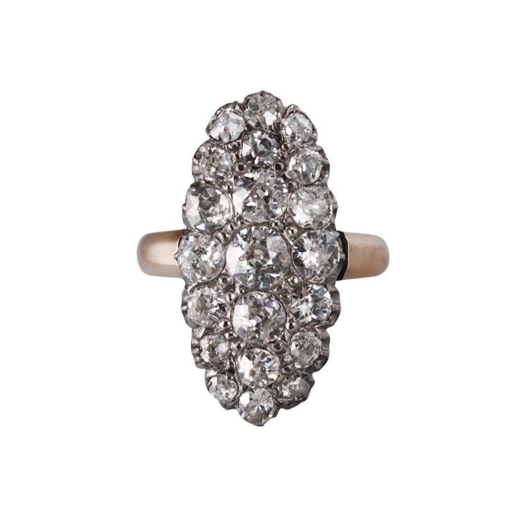 18k Gold Silver Diamond Navette Ring