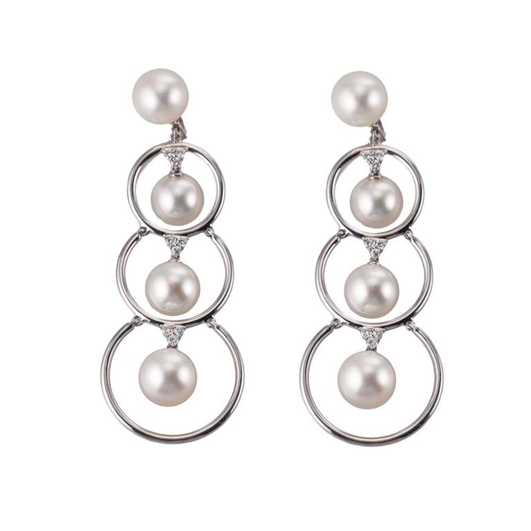 Pair of 18k Gold Pearl and Diamond Drop Earrings