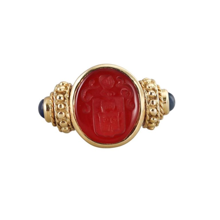 18k Gold Carnelian and Sapphire Ring