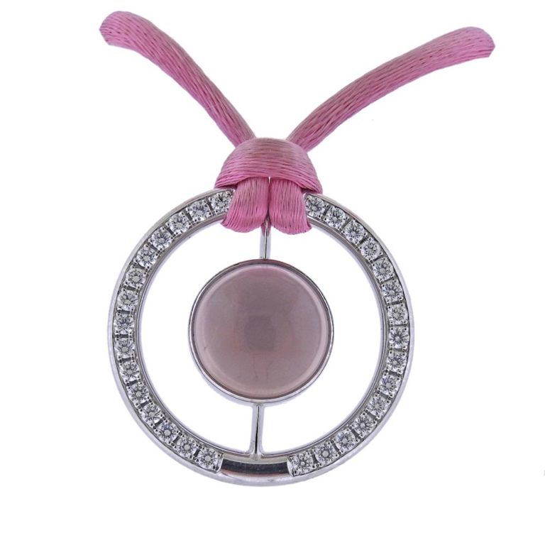 18k Gold Diamond Rose Quartz Pendant Necklace