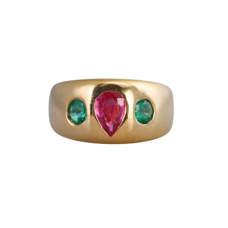 18k Gold Pink Sapphire and Emerald Ring