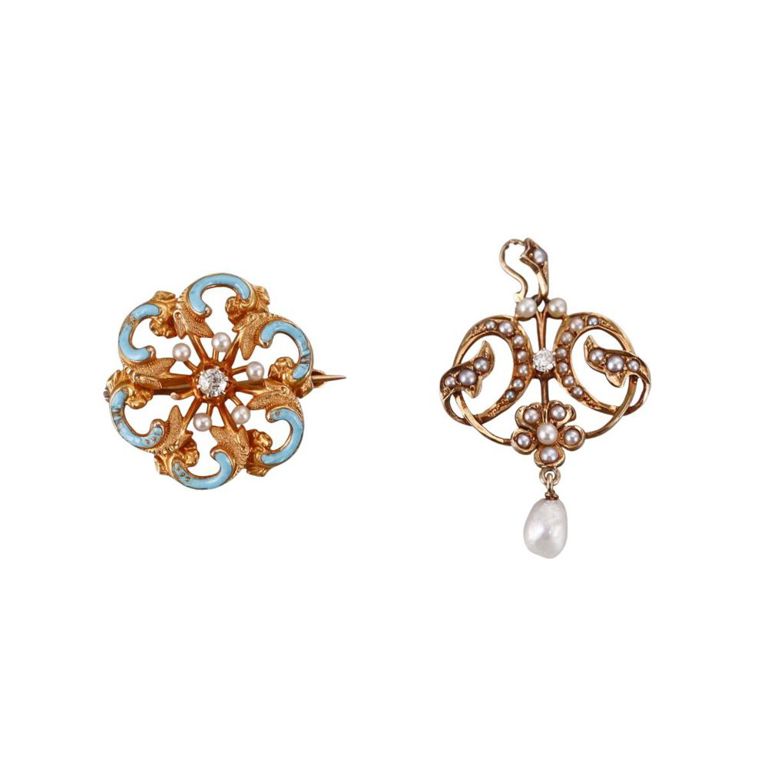 14k Gold Seed Pearl and Diamond Jewelry Set