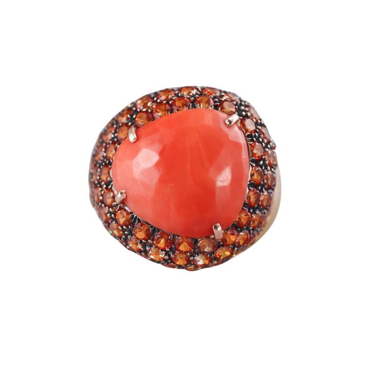 Italian 18k Gold Coral and Sapphire Ring