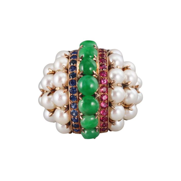 14k Gold Pearl Jade Ruby and Sapphire Ring