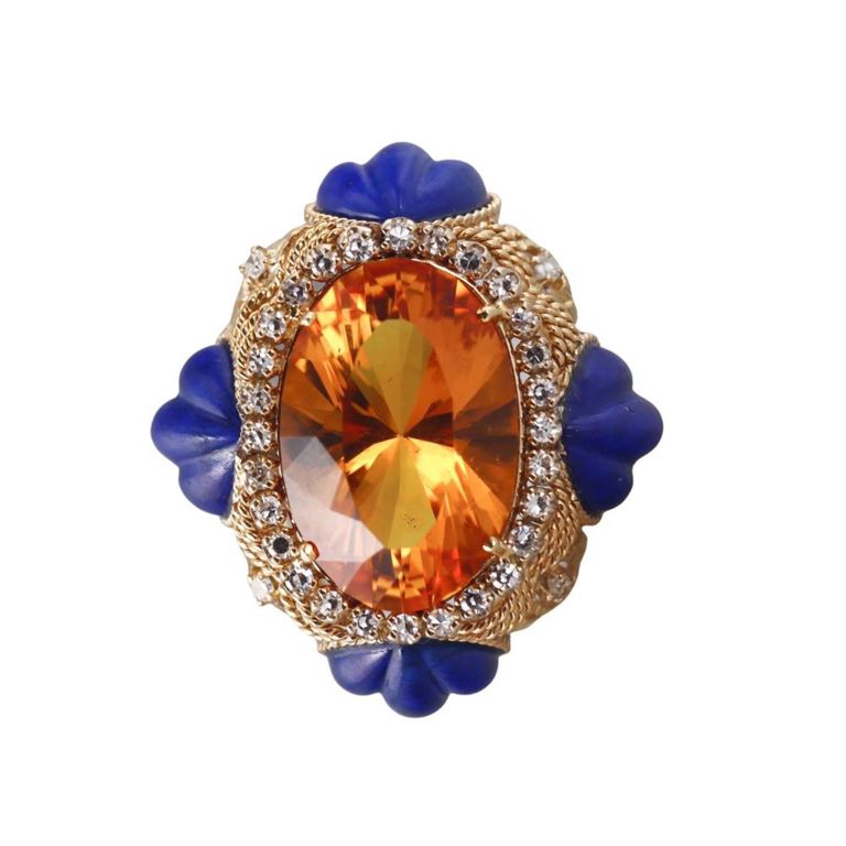 14k Gold Citrine Lapis and Diamond Ring