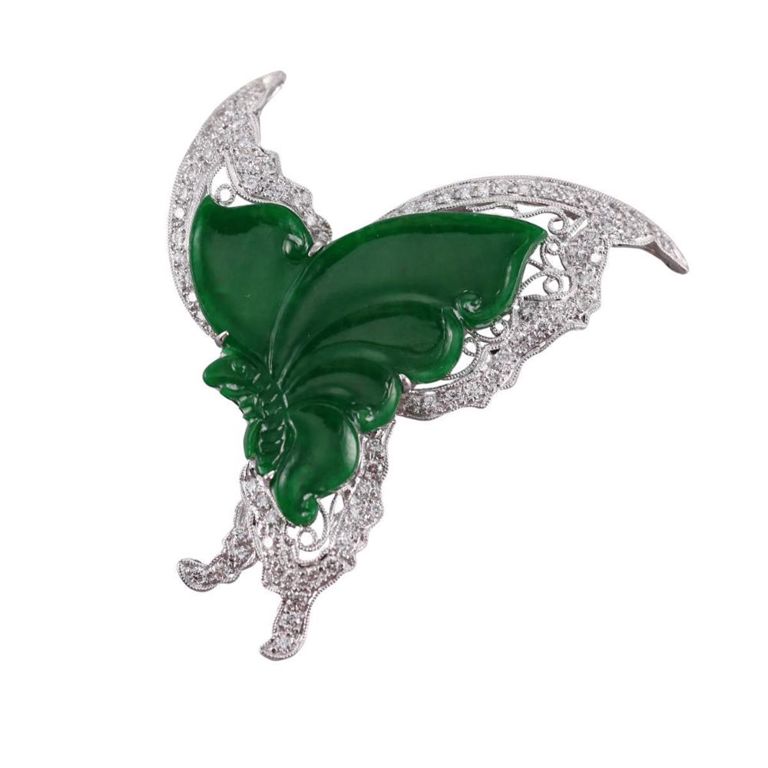 18k Gold Jade and Diamond Butterfly Brooch