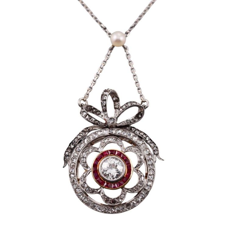 Diamond Ruby Pearl Pendant Necklace