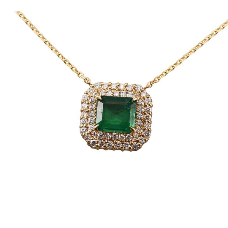 14k Gold Diamond and Emerald Pendant Necklace