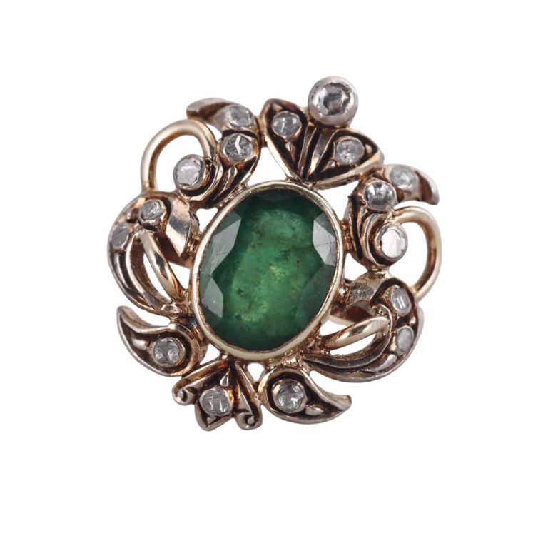 18k Gold Silver Emerald and Diamond Ring