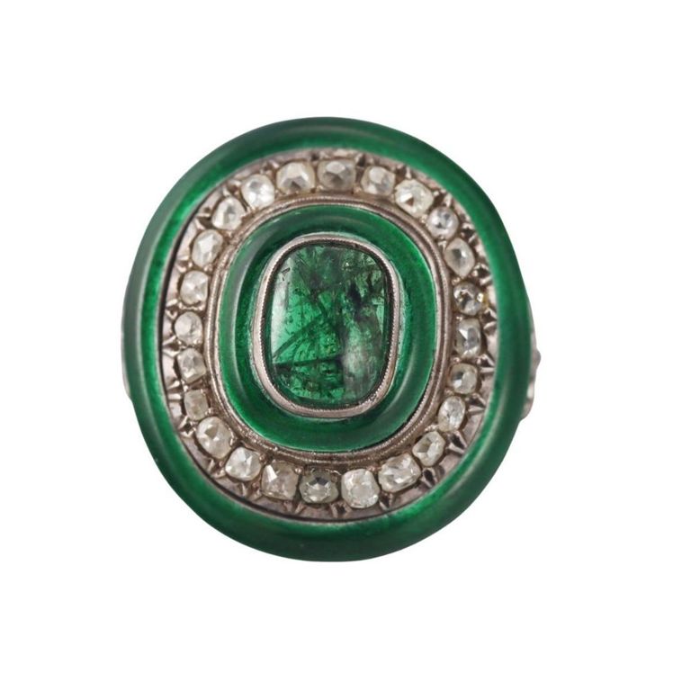 14k Gold Silver Diamond Emerald Enamel Ring