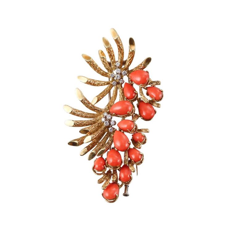 18k Gold Coral and Diamond Brooch