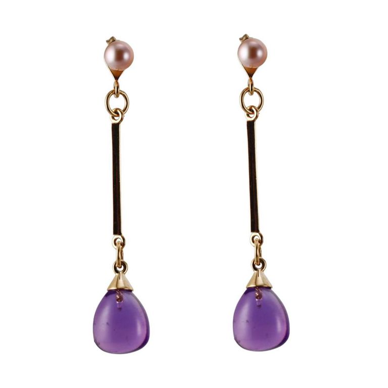 18k Gold Pearl and Amethyst Earrings