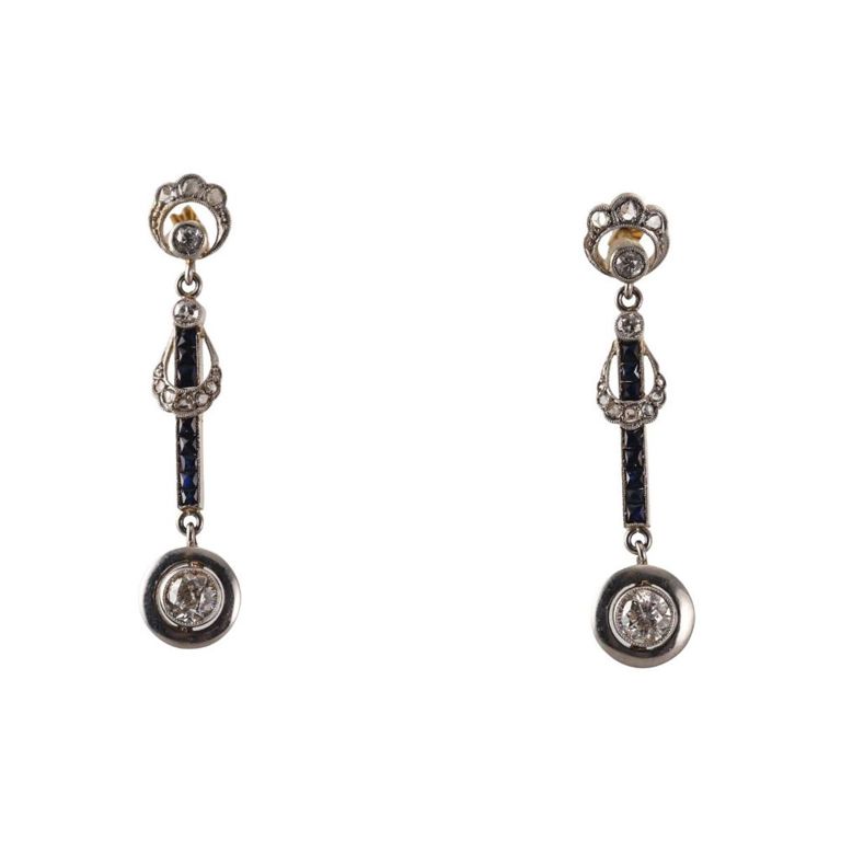 18k Gold Platinum Diamond and Sapphire Earrings