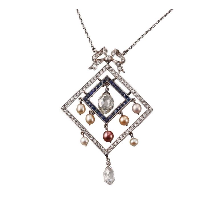 Diamond Pearl and Sapphire Pendant Necklace